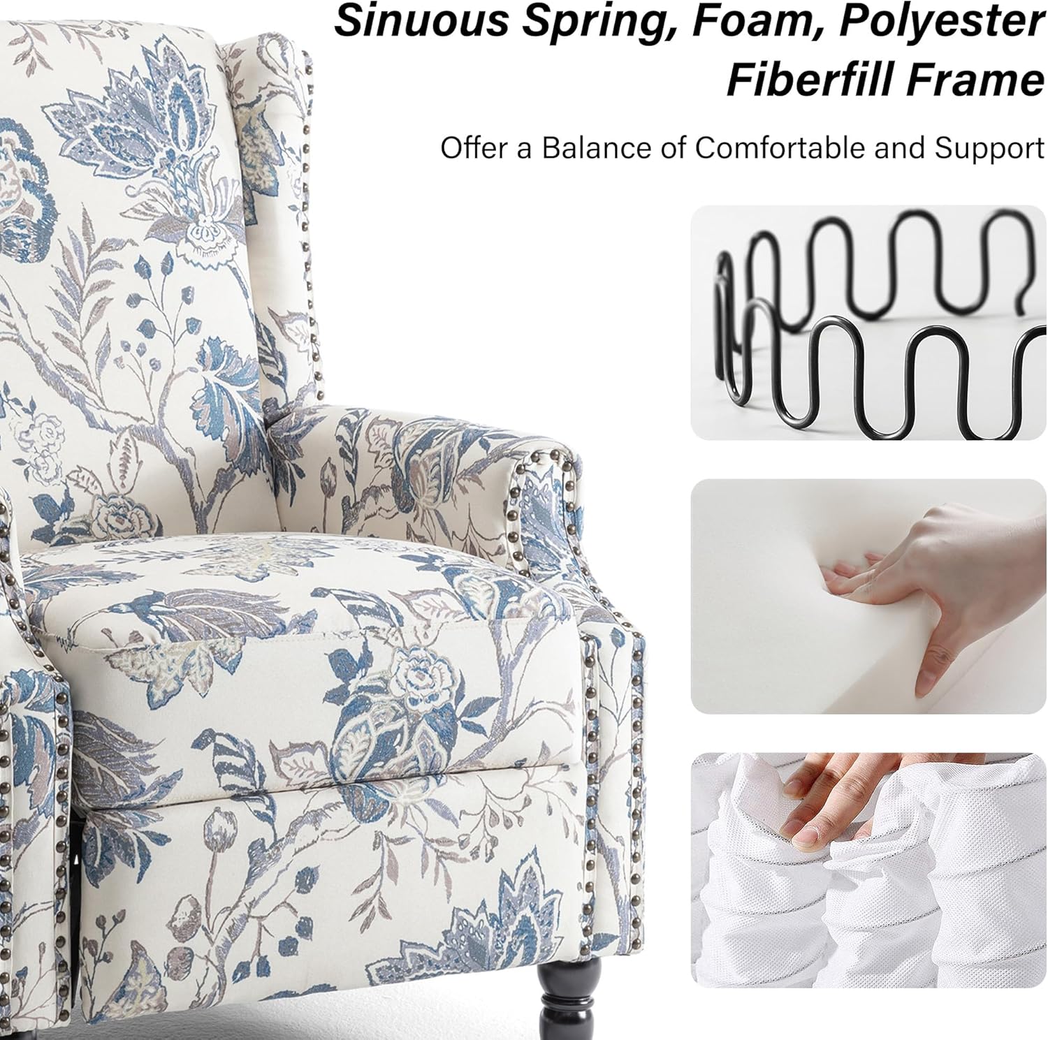 Recliner Chair, Upholstered Wingback Floral Pushback Armchair with Adjustable Backrest & Footrest, Comfy Accent Chair Reading Single Sofa for Small Spaces, Living Room, Bedroom (Plants Blue, Set of 1)
