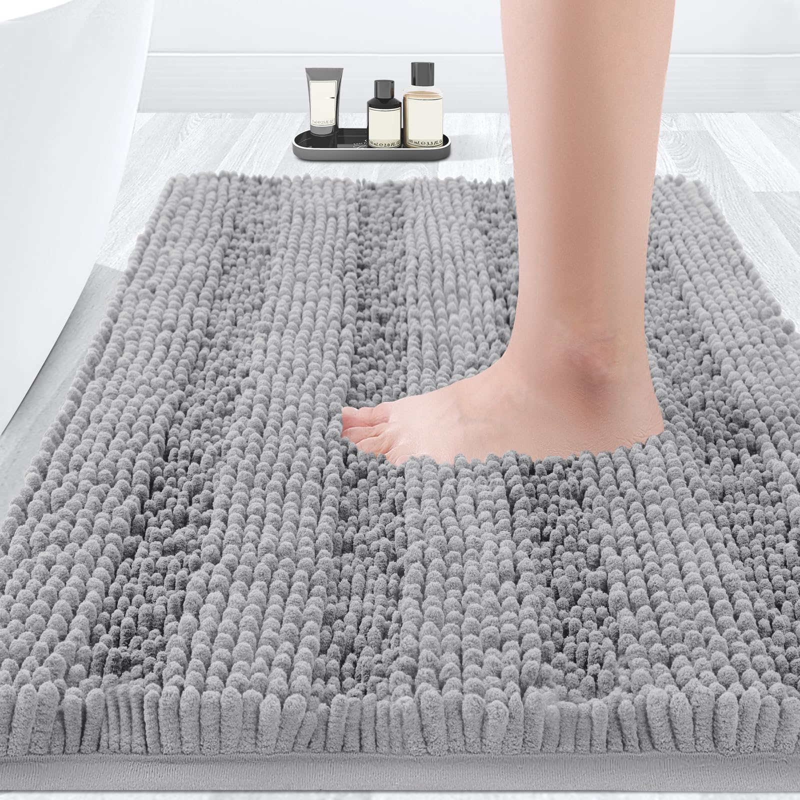 ACCUMTEK Striped Light Grey Bathroom Rug Mat 36"x24" Ultra Soft, Non Slip Chenille Bath Rugs, Absorbent Plush Shaggy Bath Mats for Bathroom, Bedroom, Kitchen, Shower, Tub,Light Gray