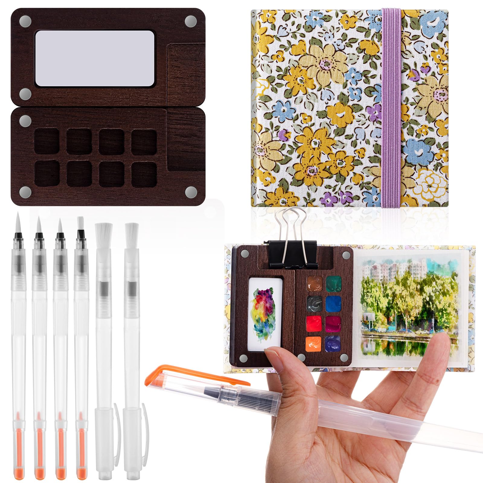 Qilery Juego de mini paleta de acuarela portátil de madera, caja de pintura de papel de acuarela, cuaderno de bocetos, bolígrafos con clip para carpeta, para pintores, artistas, no incluye pintura