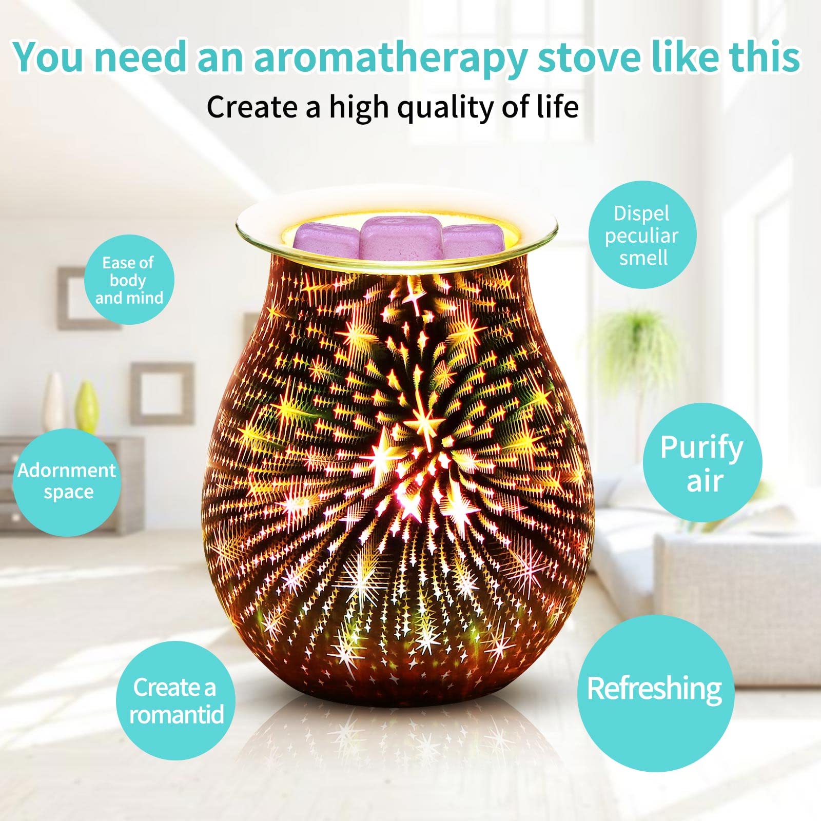 WIGUROE Electric Wax Melt Burners, Glass Fragrance Wax Melt Lamp with 3D Star Pattern - Image 2