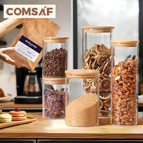 Miniatura 5 de ComSaf Juego de 6 tarros de vidrio para almacenamiento de alimentos, recipientes de almacenamiento de vidrio transparente con tapas de bambú, juegos
