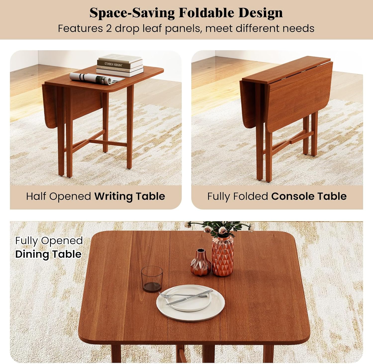 COSTWAY Square Drop Leaf Dining Table, 36" Compact Folding Kitchen Table for 2-4 People with Solid Rubber Wood Legs, Farmhouse Extendable Table for Dining Room, Small Space, Apartment, Walnut