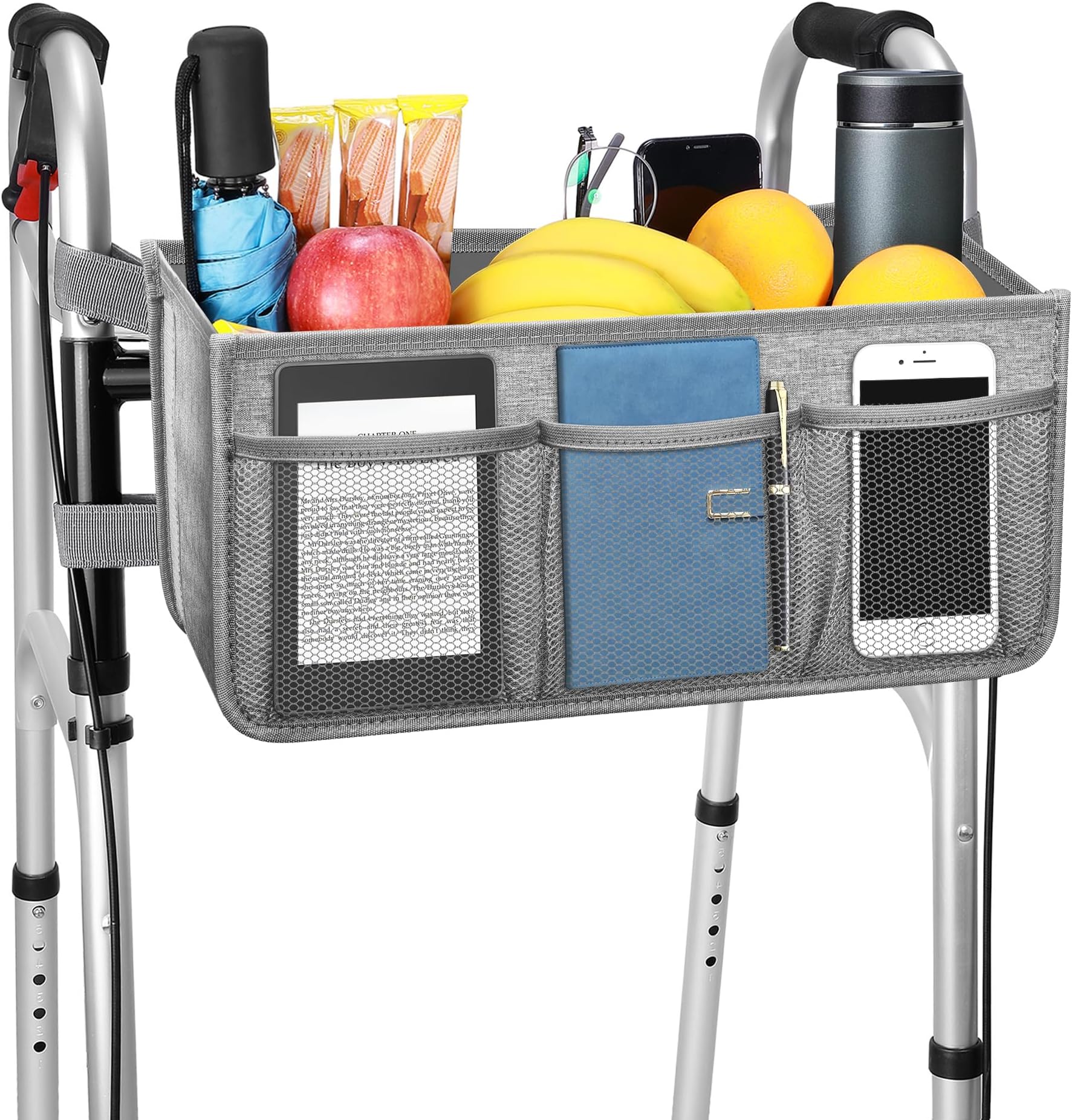 Dotday Upgraded Walker Basket with Cup Holder, Foldable Walker Bag with Large Capacity & Never Tipping Over, Not Fit for Rollator - Grey