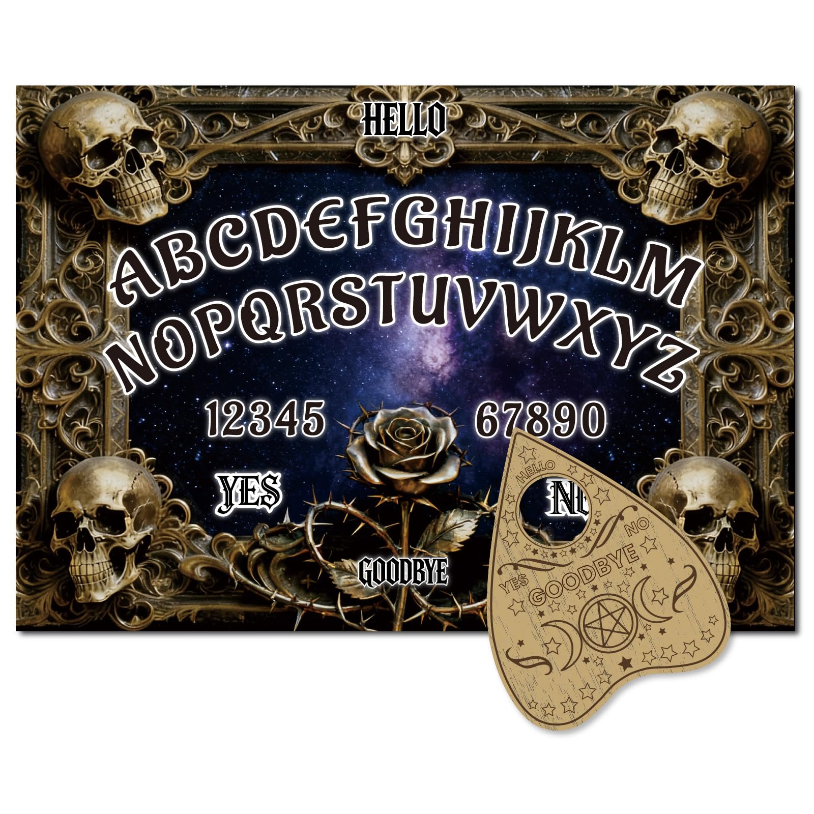 PRESSINART Spirit Board Wood Divination Set Skull Pattern Talking Pendulum Dowsing Board with Heart Planchette 12 x 8 Inch Witchcraft Decor for Adults Party Fun Family Gathering Mystic Game Supplies