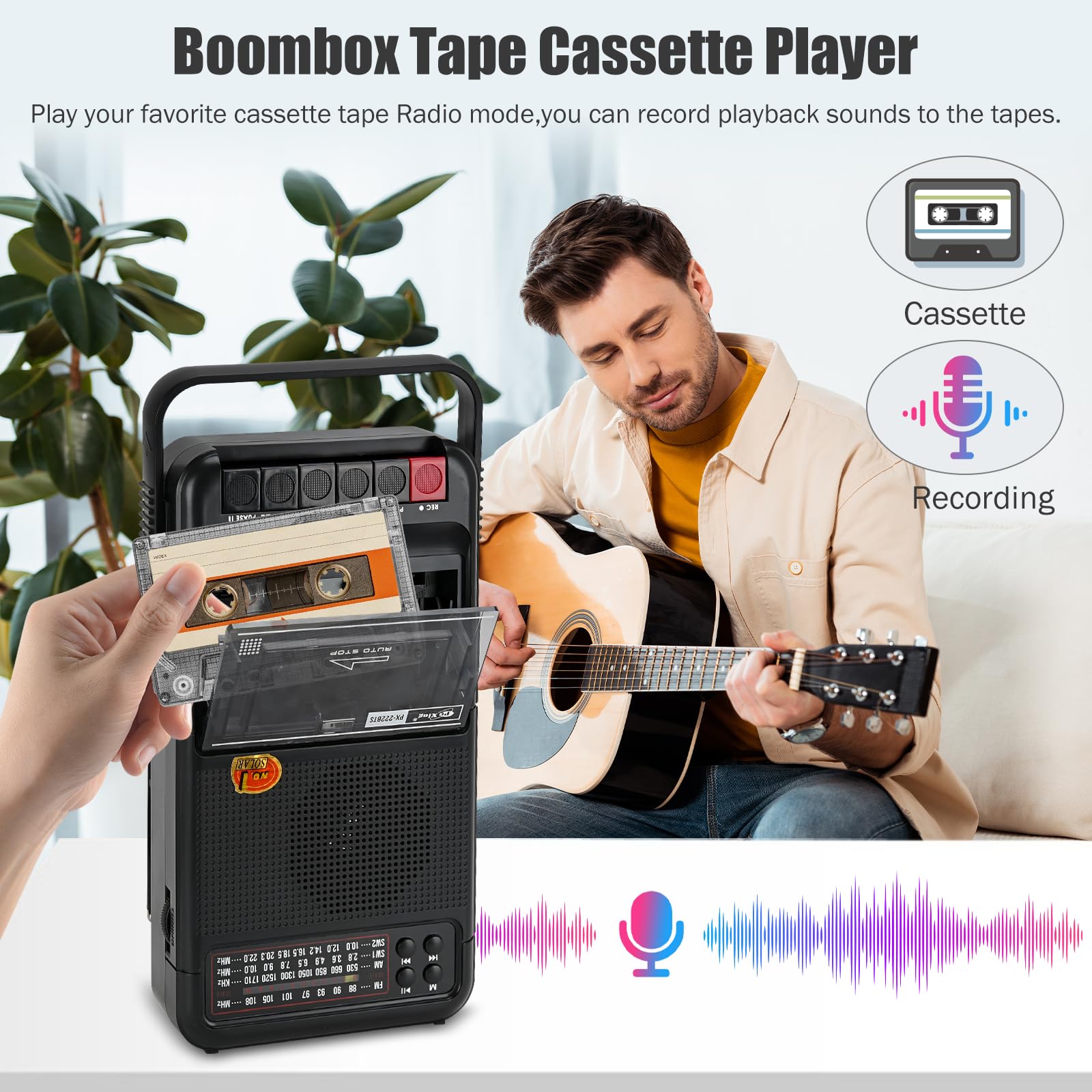 Odtwarzacze kasetowe, przenośny odtwarzacz kasetowy Boombox z nagrywaniem, radio FM/AM/SW1-2, z funkcją panelu słonecznego, wyposażony w gniazdo słuchawkowe i baterię litową, łatwy w użyciu (czarny)