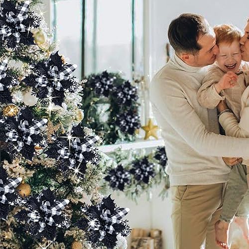 Miniatura 3 de GREENTIME 12 piezas de flores de Pascua artificiales con purpurina de 5.5 pulgadas, clips de búfalo de Navidad, adornos para árbol de Navidad,