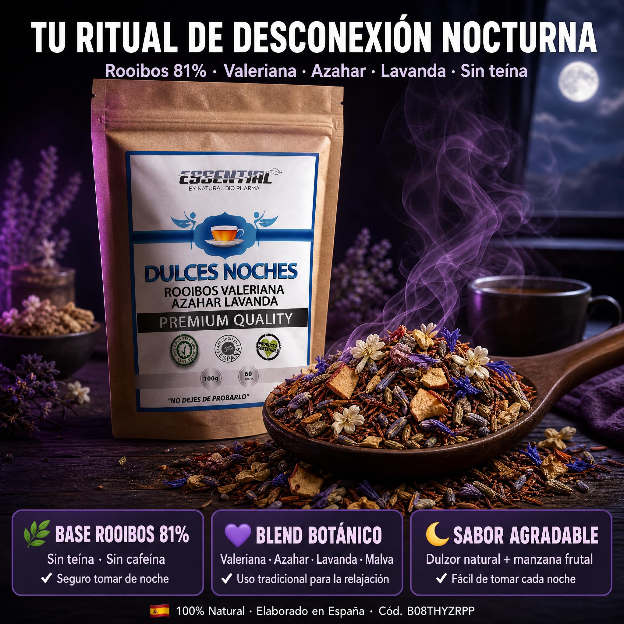 Duerme bien. Infusiones Relajantes para la Ansiedad y para Dormir Profundo toda la Noche. Rooibos de Valeriana, Lavanda, Malva, Azahar y Manzana. Sueño Profundo con esta Infusión Relajante para Dormir