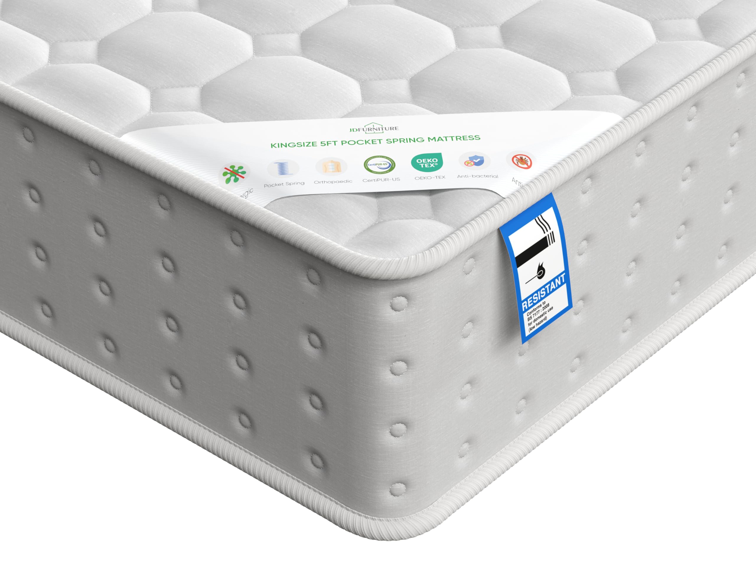 JD Furniture ORTHOPAEDIC SINGLE DOUBLE KINGSIZE MATTRESS POCKET SPRUNG 3FT 4FT6 5FT 20 cm 8 Inch FOR KIDS &ADULTS (Kingsize 5FT)