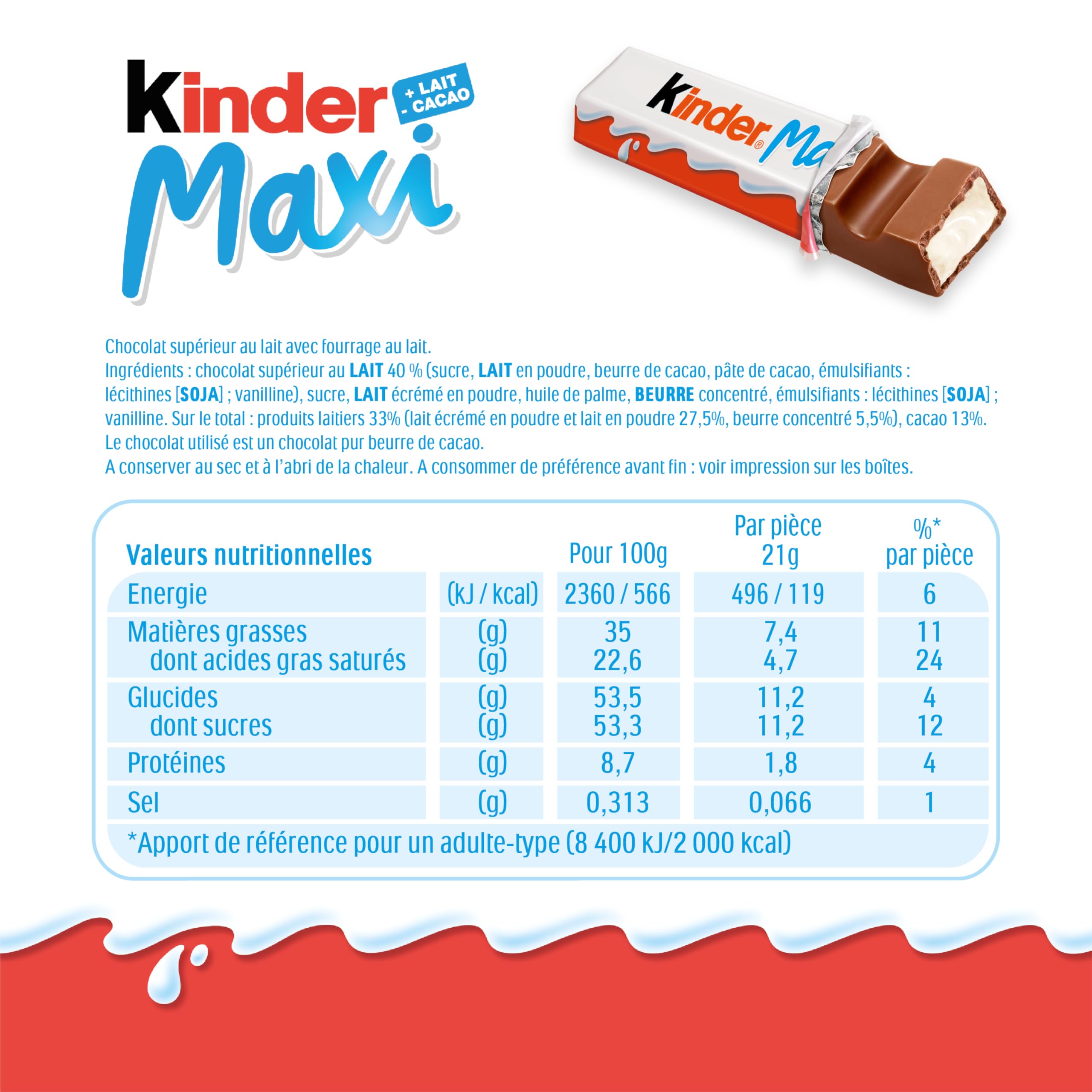 Kinder Maxi – batonik czekoladowy z sercem z mlekiem z masy cukrowej powleczonej czekoladą Kinder – smak masy cukrowej i smakoszy – format rodzinny – 36 batoników