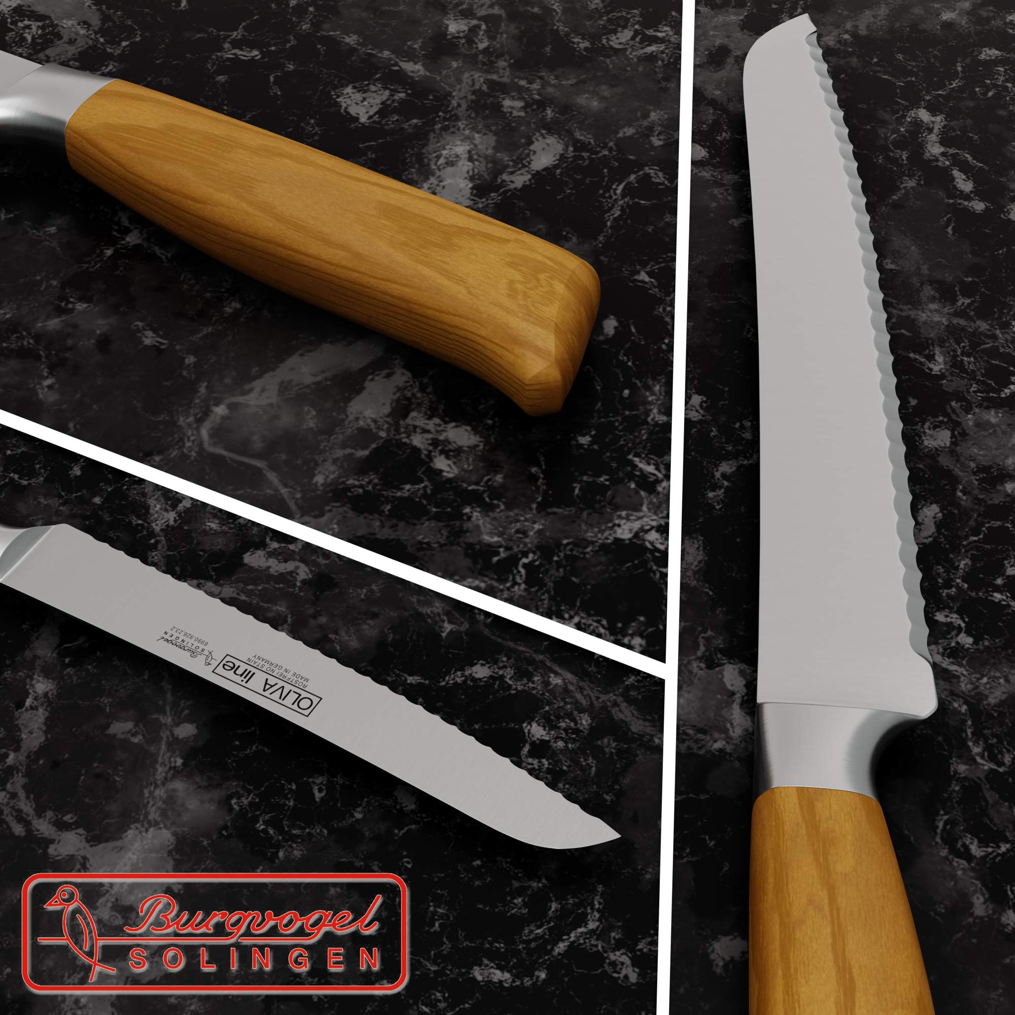 Burgvogel Solingen Brotmesser 23 cm geschmiedet Olivenholz, Oliva Line, Wellenschliff, rostfrei, hell, scharf, braun beige, 6990.926.23.2