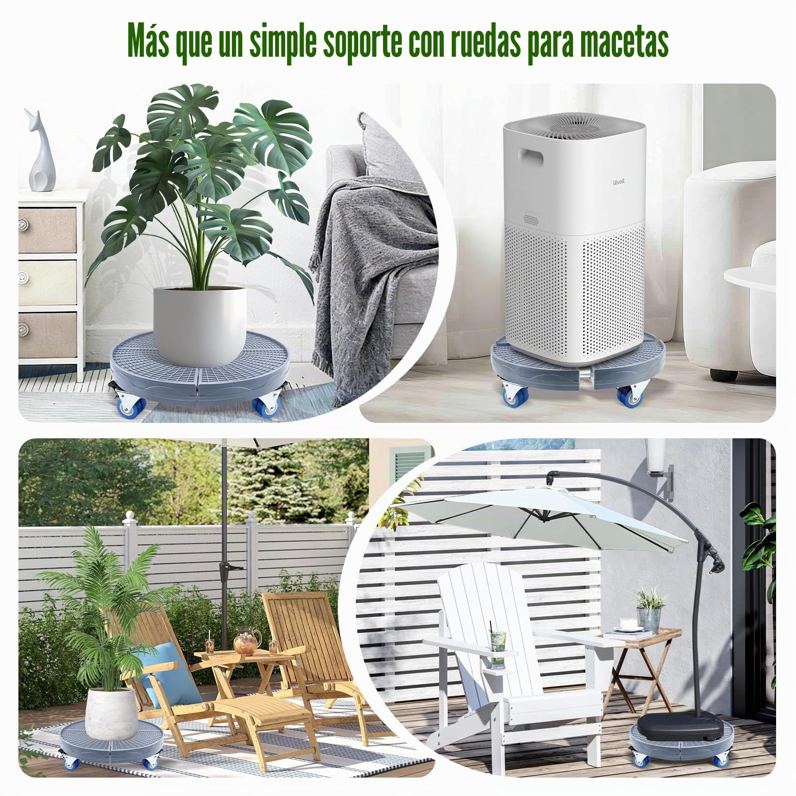 K KASONIC Base Móvil para Macetas con 4 Ruedas, Capacidad 150KG, Soporte Rodante Ajustable 37-43cm para Maceteros Grandes de Interior y Exterior, Incluye 5m de Cintas para Plantas Desgarrables