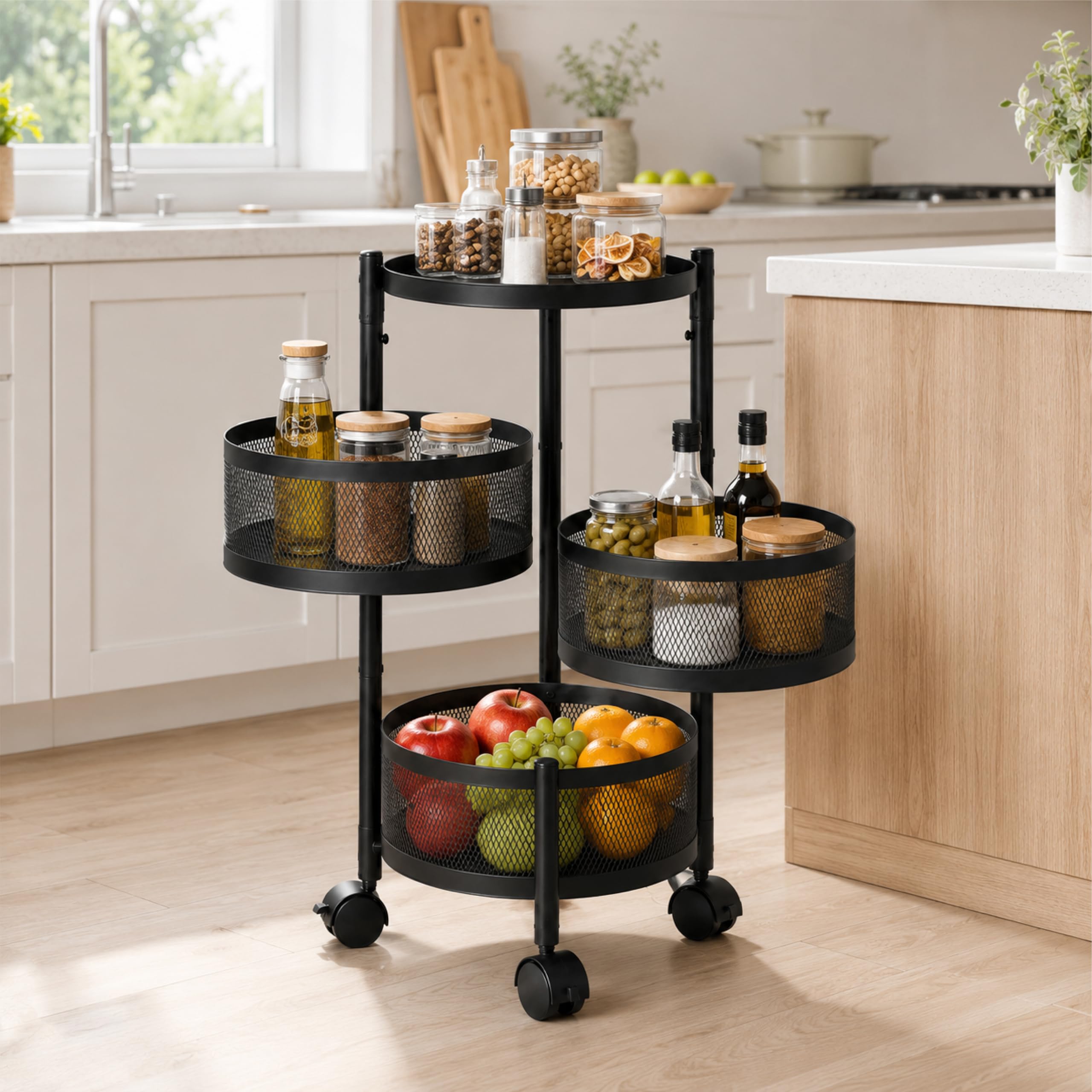 Lifelong 3-Tier Rolling Kitchen Organizer Cart | Round Mesh Basket Trolley with Wheels | Multipurpose Metal Storage Rack for Vegetables, Fruits, Utensils | Foldable Kitchen Stand | Home & Dining Use-image-19