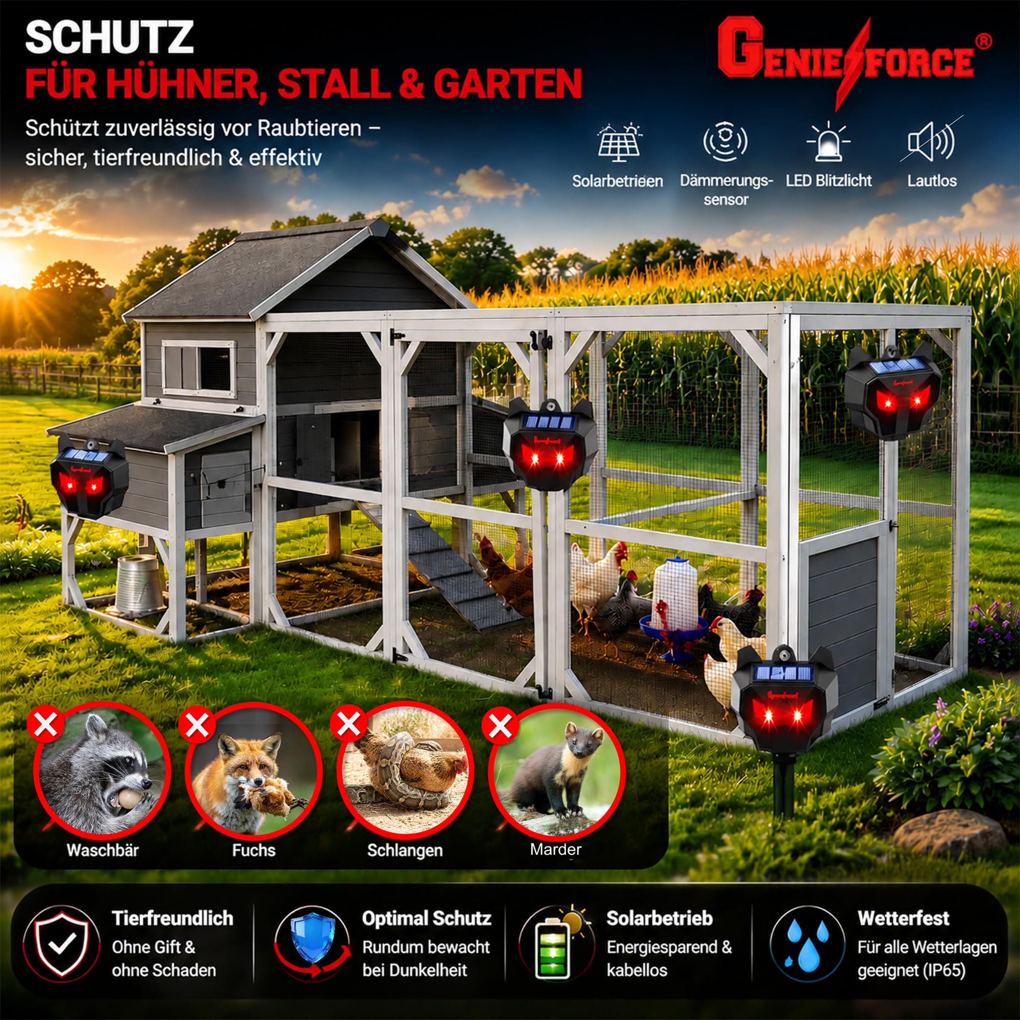 Genieforce® solarny odstraszacz zwierząt z czerwonymi diodami LED, odstraszacz zwierząt, przeciwko dzikim zwierzętom, drapieżnikom, kunom, lisom, szopom praczom, zasilaniu energią słoneczną na
