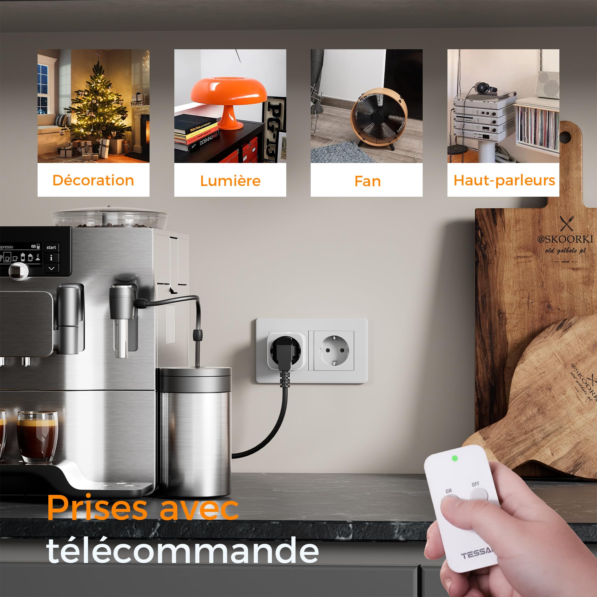 TESSAN Prise Télécommandée Programmable, Portée 30,5 M Prise Telecommande Sans Fil, Intérieures avec Interrupteur, pour Décoration de Noël, Électroménager, Éclairage, 2300 W, blanc
