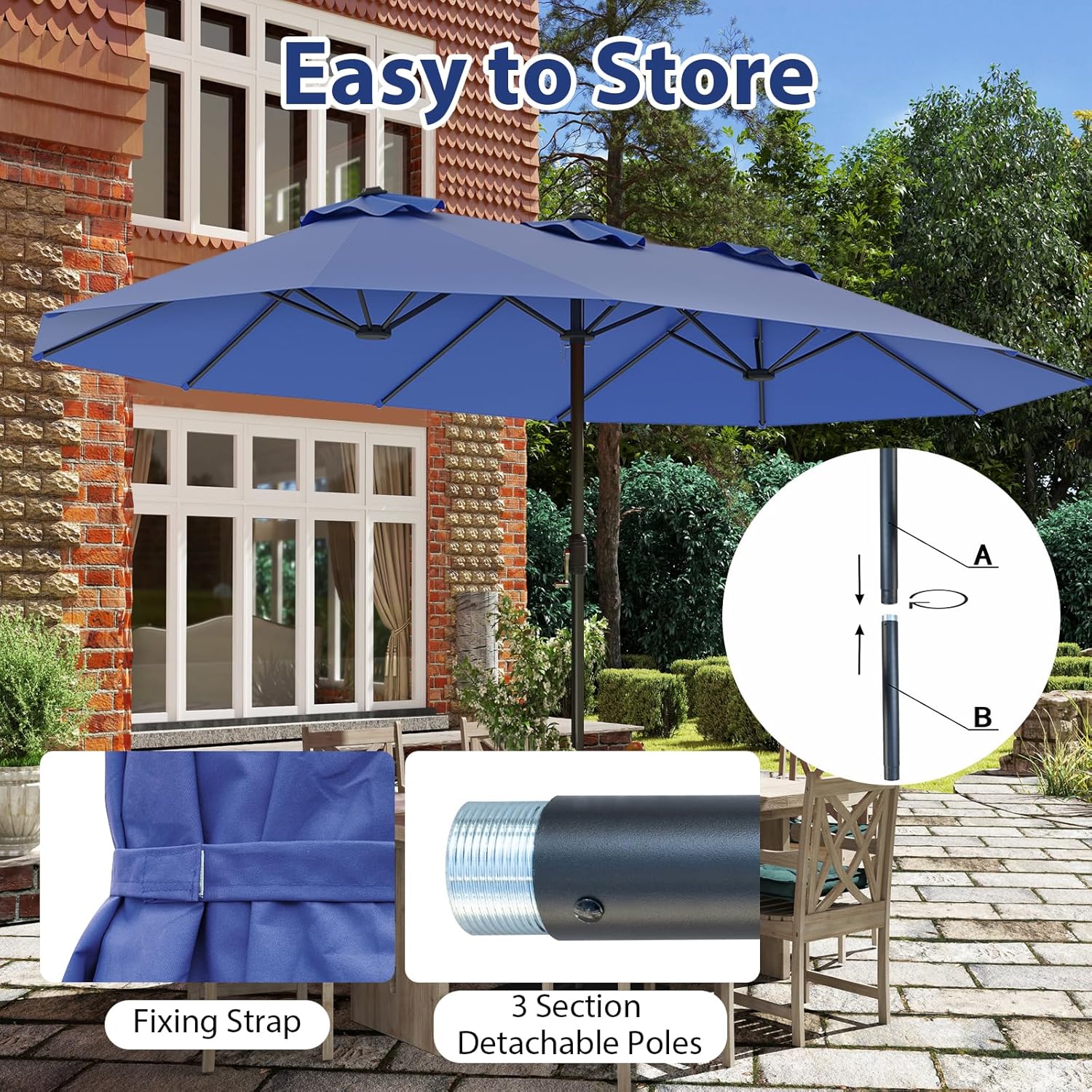 15ft Patio Umbrella, Double-sided Outdoor Twin Umbrella with Crank Handle & 12 Heavy-Duty Ribs, Rectangular Market Umbrella Parasol for Garden, Deck, Lawn, Pool & Backyard