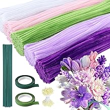 Pipe Cleaner Crafts 500pcs Pipe Cleaner 5 Colors Pipe Cleaner Chenille Stems Kit of Purple Pipe Cleaner Flowers with Artificial Floral Stem Stamens Adhesive Tapes for DIY Bouquets
