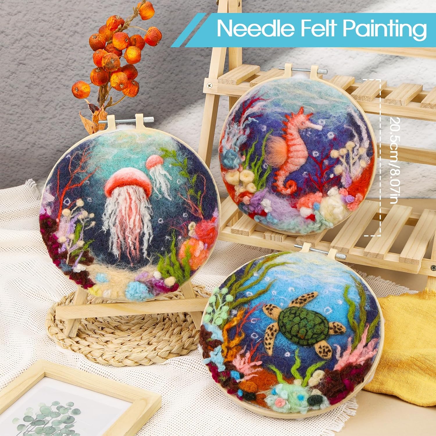 Fedmut Needle Felting Kit, Wool Felting Kit for Beginners Adult with Wool, Needles, Foam Pad, Felt Cloth and Instructions – 4 Set Sea Animals Painting Frame for Great Gift Decoration