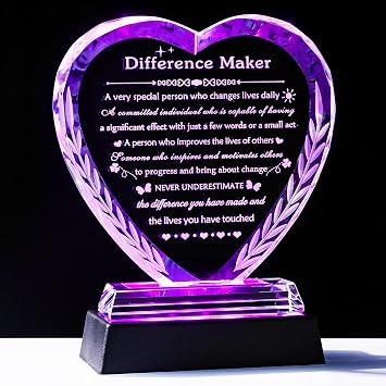 YWHL Difference Maker Gifts Crystal Plaque with Colorful LED Base Thank You Appreciation Gifts for Coworkers Employee Boss Women Men Motivational Difference Maker Plaque Sign Office Desk Decor