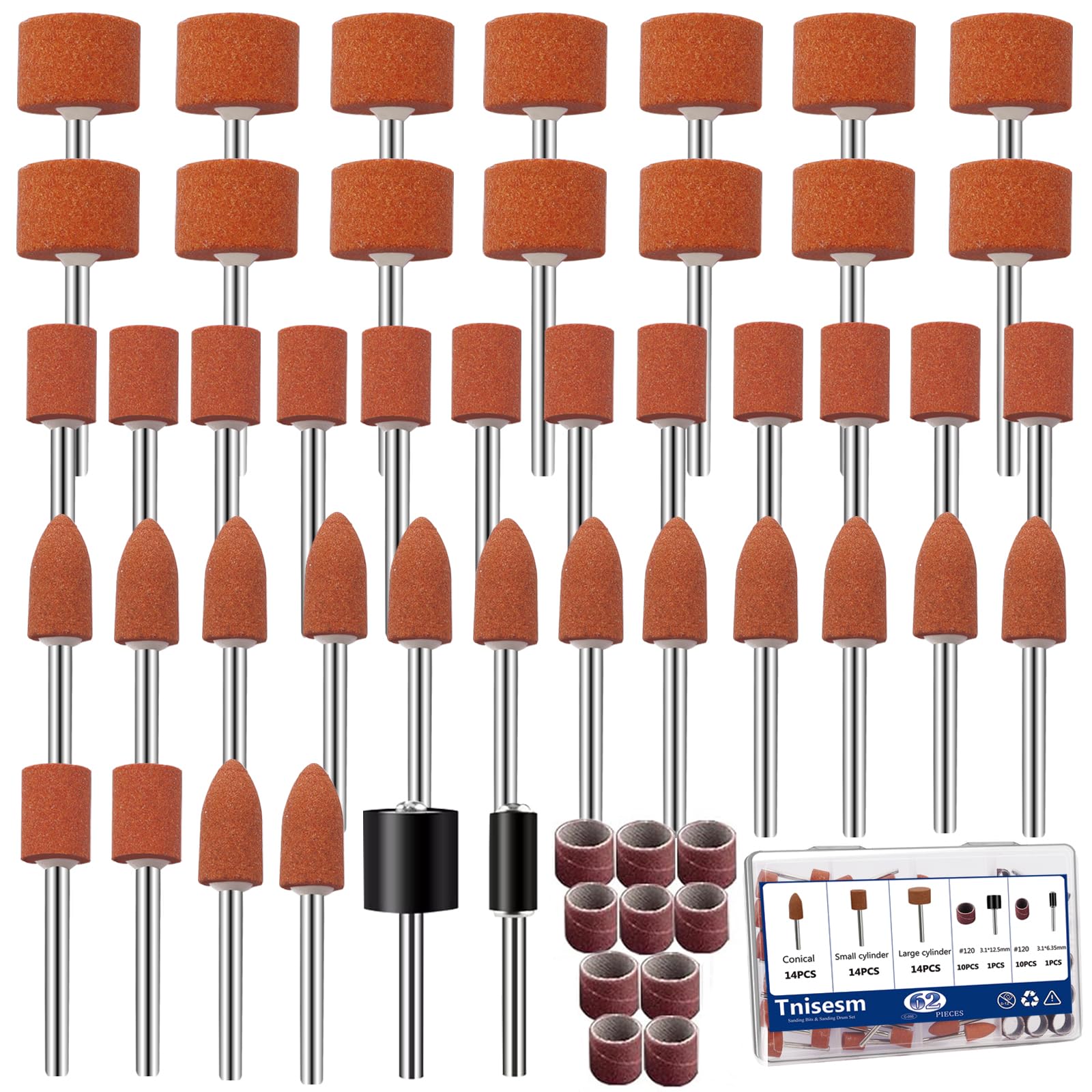 Tnisesm 64Pcs Sanding Bits & Sanding Drum Set for Dremel Rotary Tool with Box, Aluminium Oxide Tough Enough to Metal Rust Removal/Smoothing/Sharpening