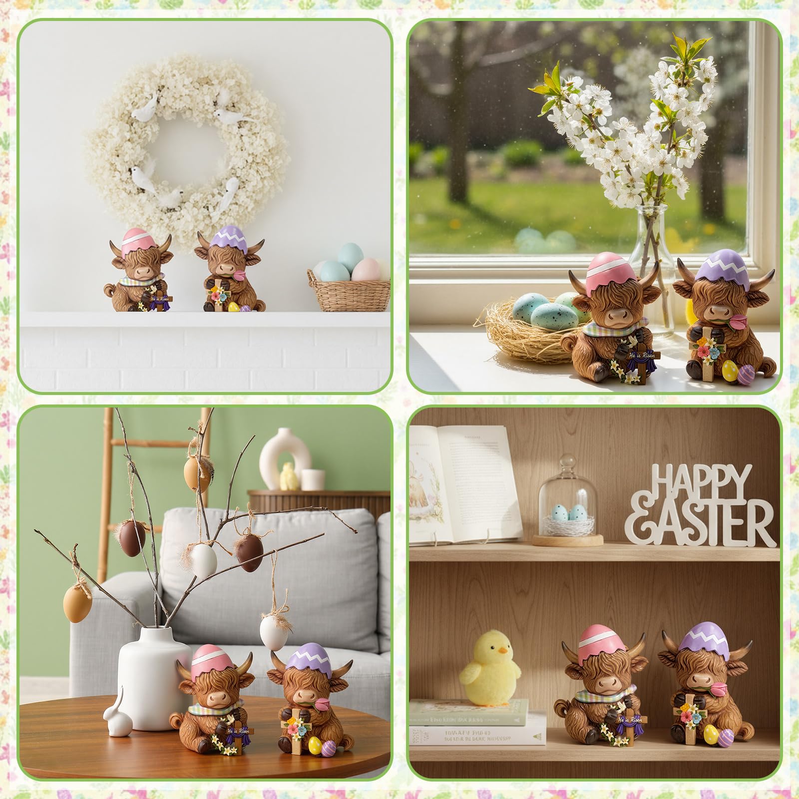 Simgoing Confezione da 2 statuette di mucca pasquale delle Highland primaverili con uova di Pasqua croce floreale per decorazioni da tavola per amanti dei vitelli, regali per la casa, centrotavola