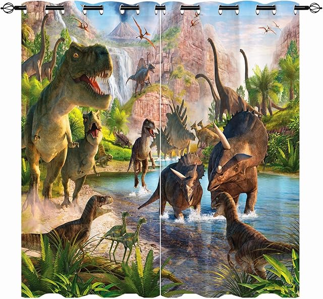 YUANZU Dinosaur Curtains - Kids Boys Jungle Animals Wildlife Dino Print Pattern Eyelet Blackout Thermal Insulated & Room Darkening Window Drapes for Bedroom 2 Panels W117cm x D137cm
