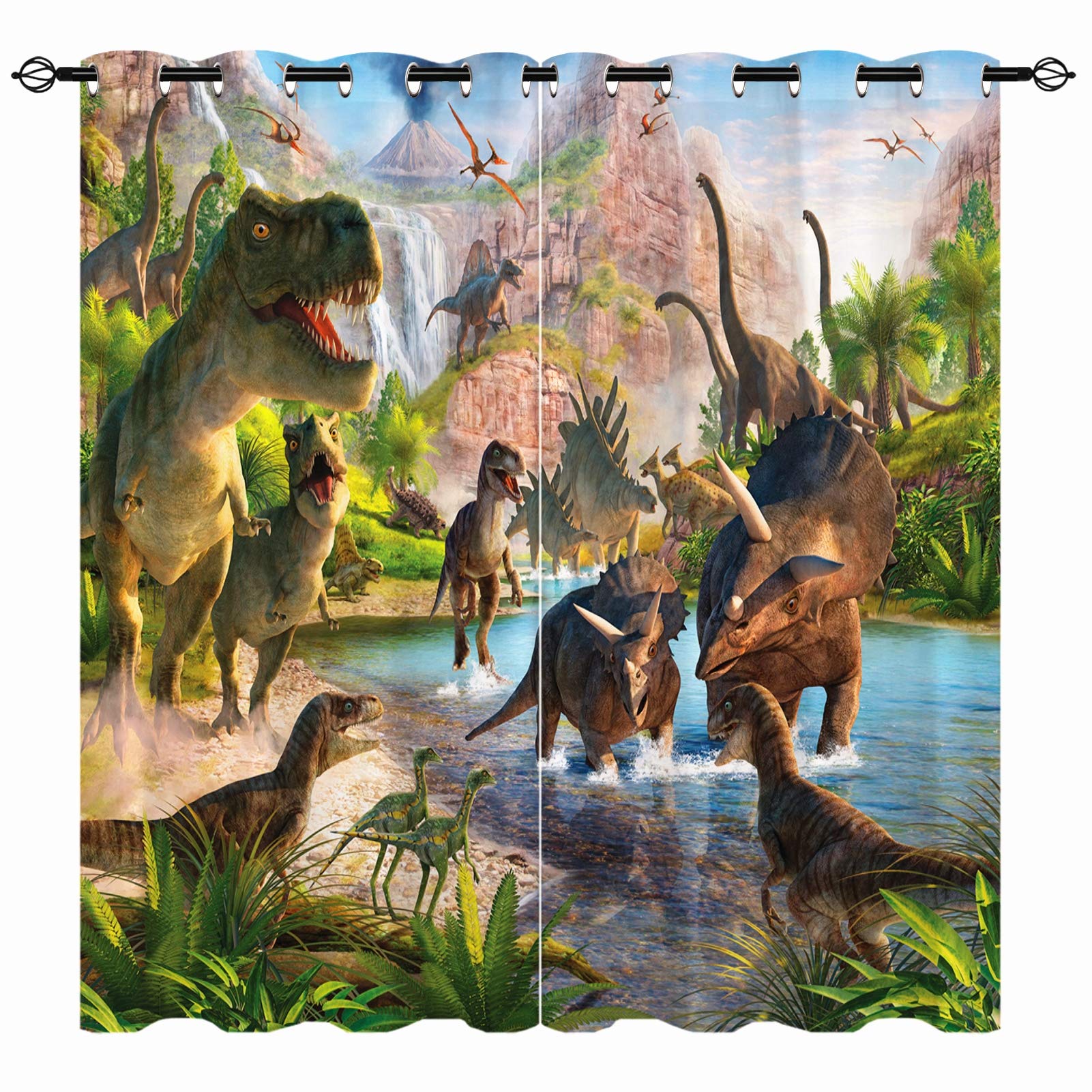YUANZU Dinosaur Curtains - Kids Boys Jungle Animals Wildlife Dino Print Pattern Eyelet Blackout Thermal Insulated & Room Darkening Window Drapes for Bedroom 2 Panels W75cm x D166cm