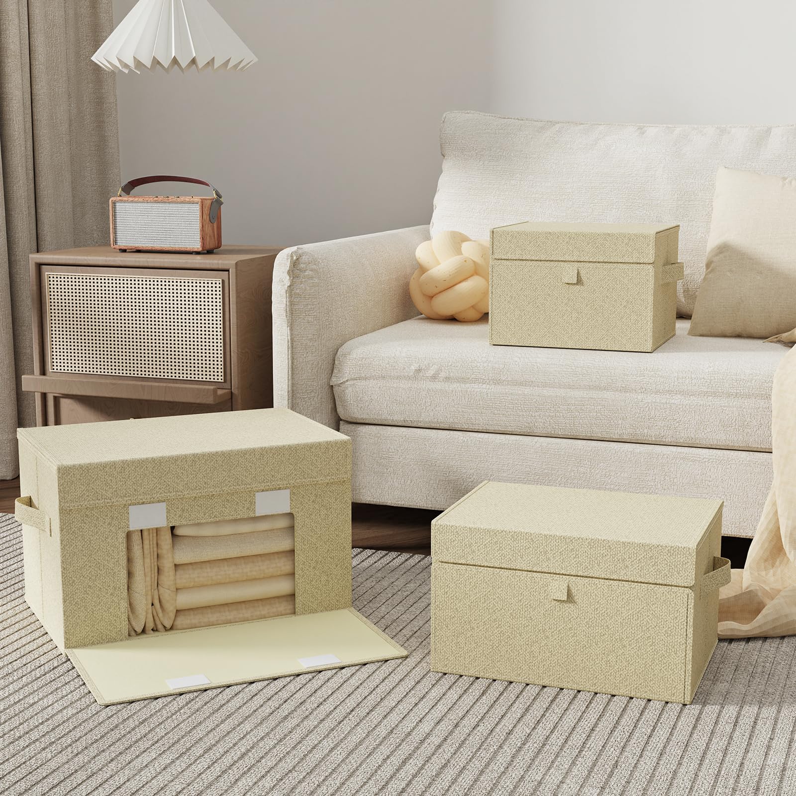 Aufbewahrungsbox mit Vorderdeckel,33x23x20cm,Grau und Beige,4 Stück | Waschbare Aufbewahrungskörbe,Stoffbehälter aus Leinen,Faltbare Klappbox mit Griff,Aufbewahrungsbehälter mit PP Stützplatte