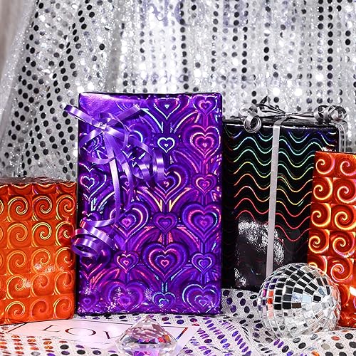 Miniatura 5 de LeZakaa Rollo de papel de regalo holográfico  Mini rollo  Corazón moradoespirículo naranjarayas onduladas negras para Halloween, día de San