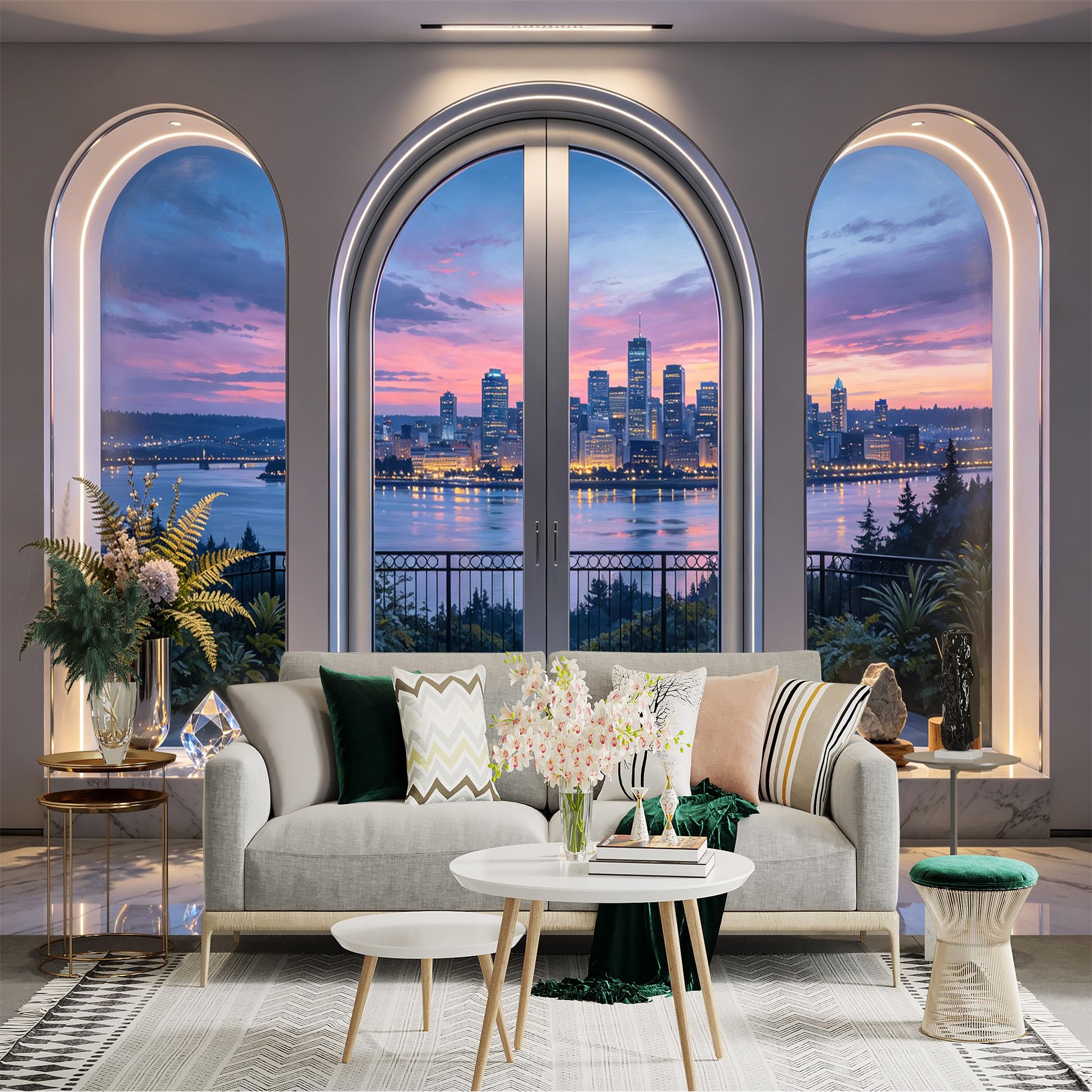 Custom Size Wall Sticker Mural， Sunset City Skyline by Waterfront Through Arched Window， for wall Decoration， peelandstick wall Decals.