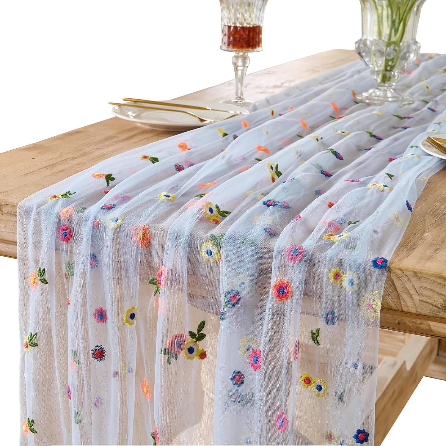 6PCS Lvory Floral Table Runner 10 FT, Embroidery Daisy Table Runners Seasonal Spring Summer Sheer Tulle Dining Table Decor for Home Party Birthday Decor 29x120 Inch