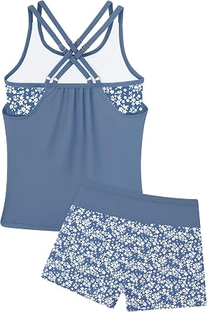 Girls Tankini Swimsuit Two Piece Cross Straps Back Bathing Suits with Pockets Shorts Kids Swimwear Sets 5-16 Years