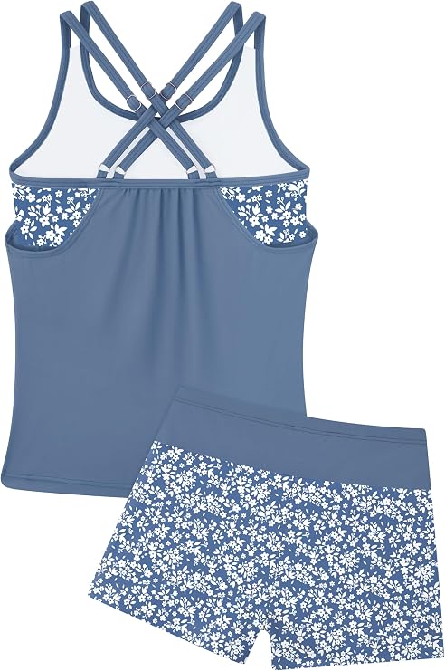 Girls Tankini Swimsuit Two Piece Cross Straps Back Bathing Suits with Pockets Shorts Kids Swimwear Sets 5-16 Years