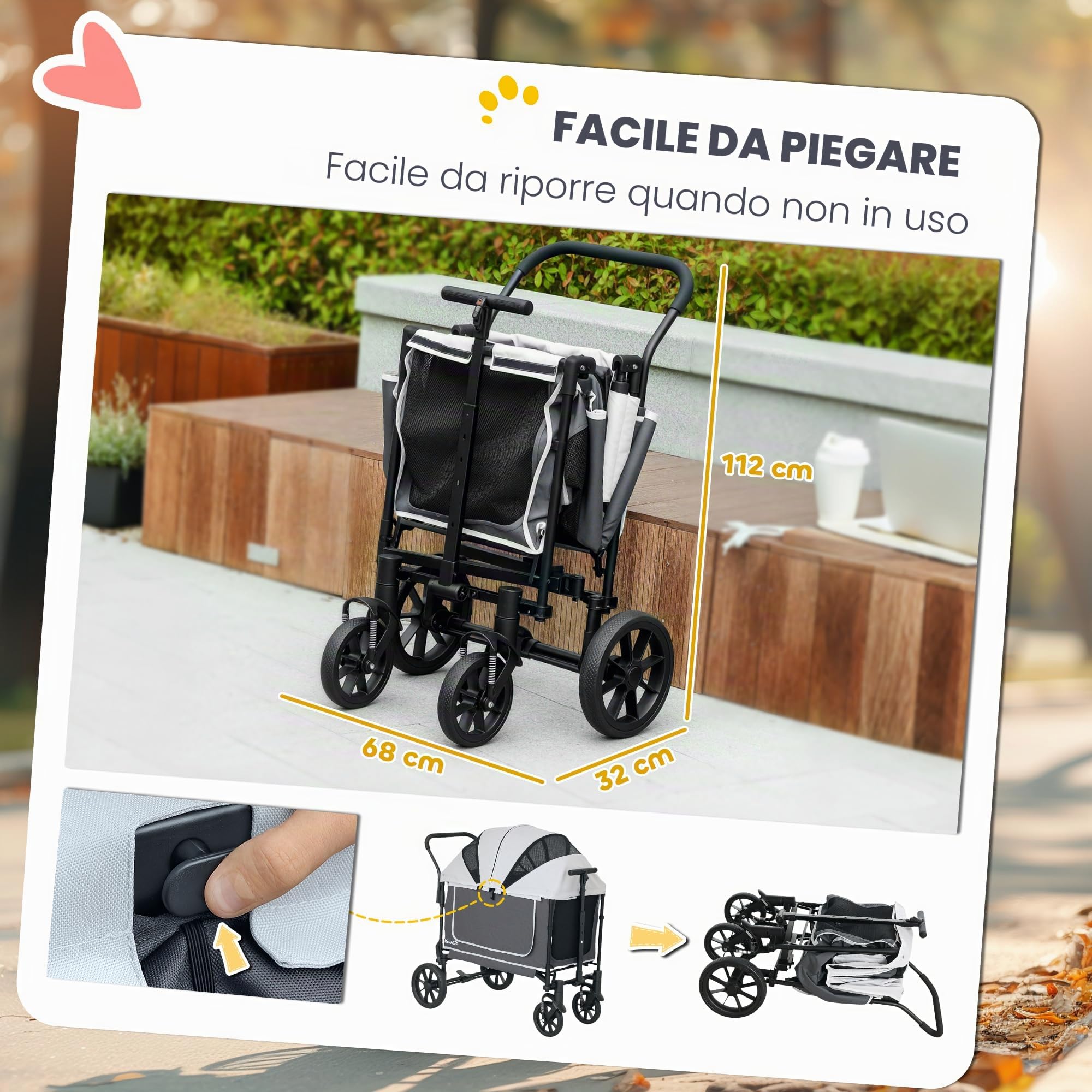 PawHut Passeggino pieghevole 2 in 1 per cani e gatti fino a 30 kg con cuscino finestra a rete, 2 porte, custodia per gatti, colore grigio scuro