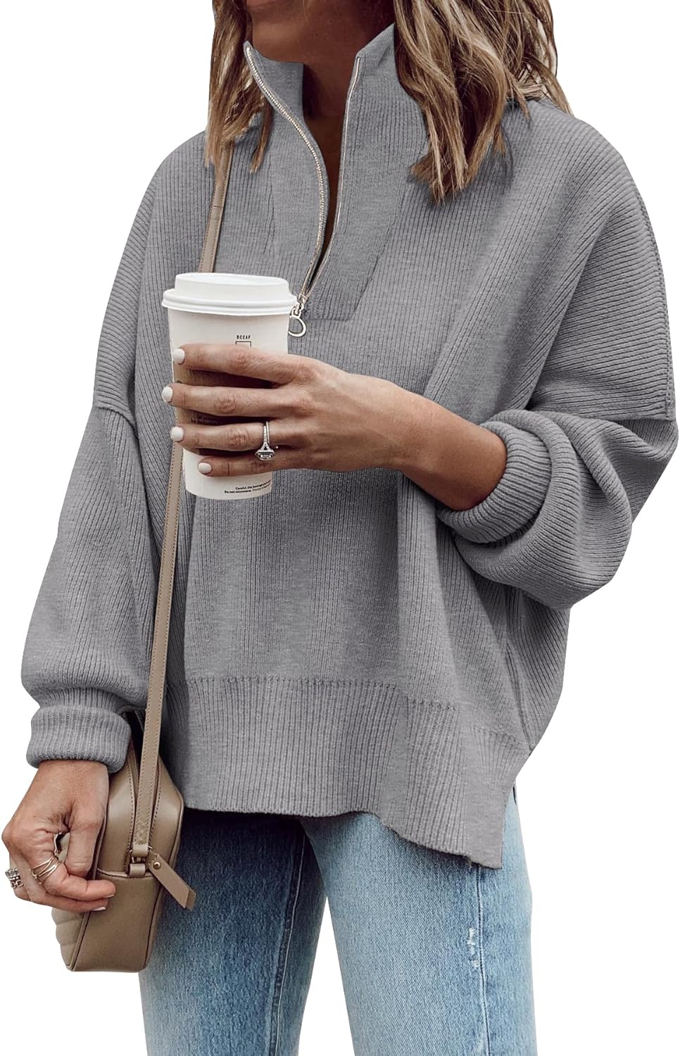Imily Bela Womens Tunic Sweater Fall Long Sleeve 1/4 Zip Pullover Sweaters Oversized Slouchy Ribbed Knit Sweatshirt with Slit