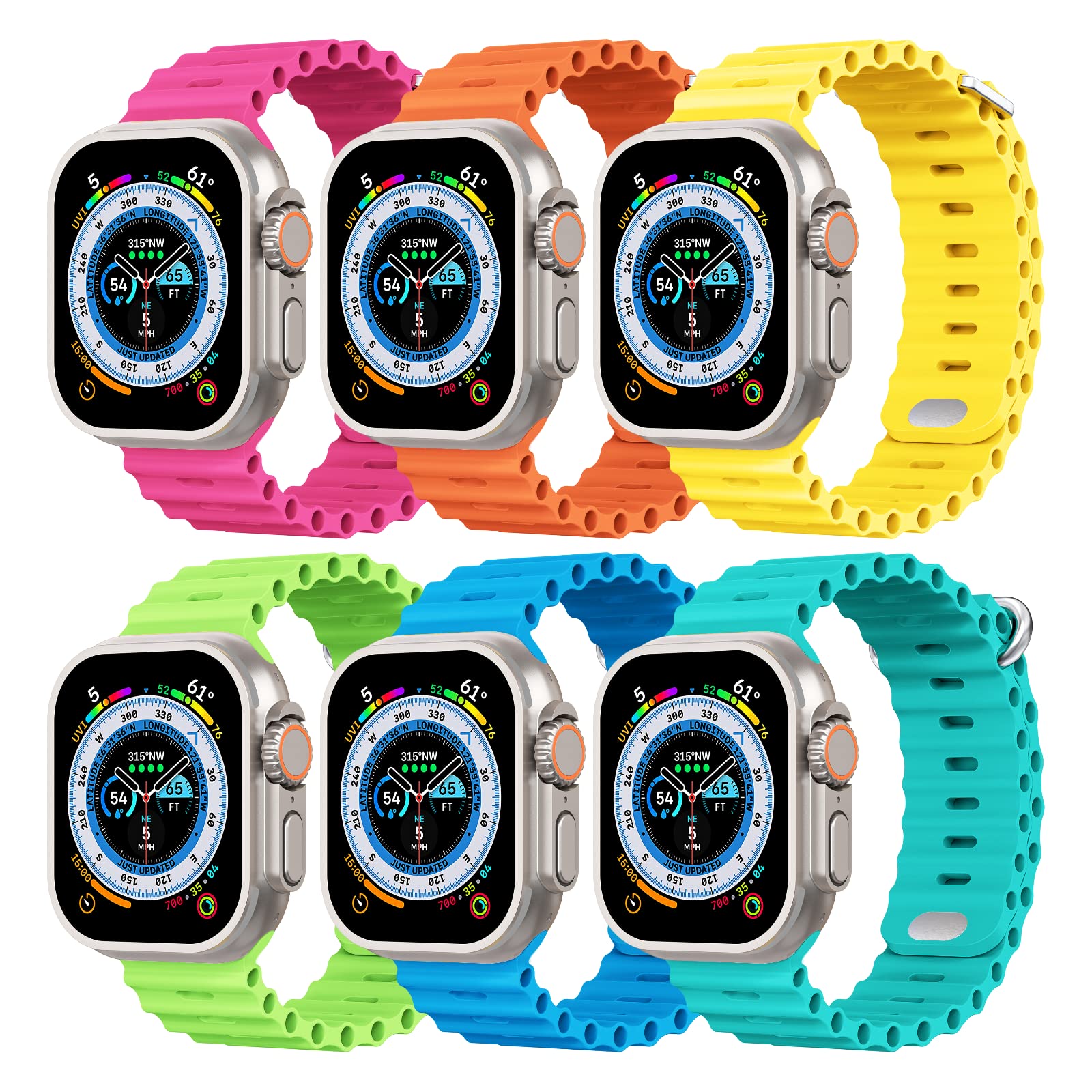 STG Sport 6 Packs Ocean Band Compatible with Apple Watch Band 38mm 40mm 41mm 42mm 44mm 45mm 49mm Soft Silicone Replacement Sport Strap Compatible for iWatch Ultra SE Series 8/7/6/5/4/3/2/1 (42/44/45/49mm, C-Hot Pink/Orange/Neon Yellow/Apple Green/Surf Blu
