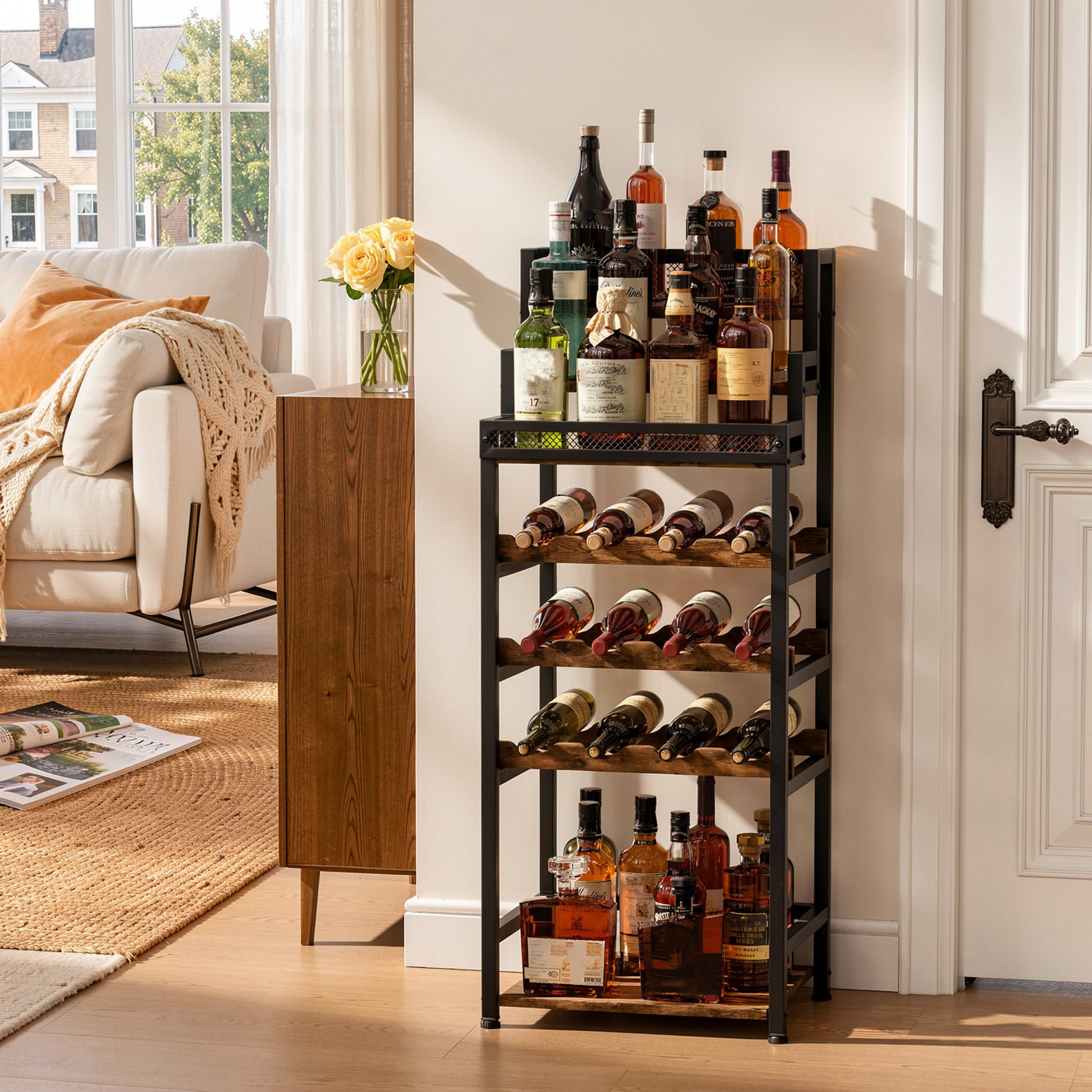Portabottiglie da Terra a 5 Livelli, Grande Capacità Portabottiglie Autoportante in Metallo Versatile Cantinetta da Terra Indipendente Per Bar, Soggiorno, Angolo Relax, Sala da Pranzo 42x29.2x103.2CM