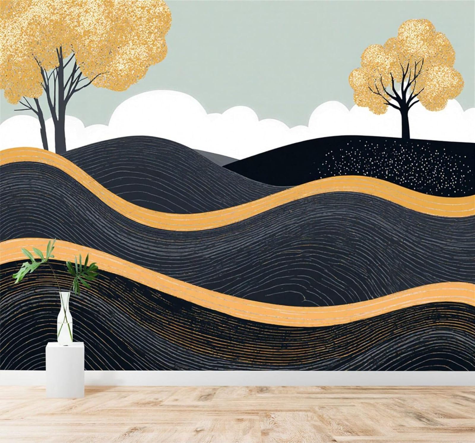 Tzxztt 350Cm×256Cm(B×H) Abstract Minimalist Landscape Golden Trees Rolling Hills Modern 3D Wallpaper Premium Textured Silk Neutral Tones Material Ideal For Living Room Bedroom-350Cm×256Cm