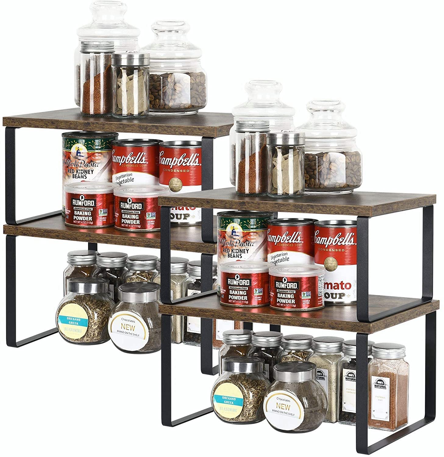 MYUYEE Kitchen Cupboard Storage Organiser, Kitchen Shelves, Expandable And Stackable Countertop Organizer Shelf, Storage Shelf Used For Spice Rack, Saucer, Cup, Can - Set Of(Rustic Brown)
