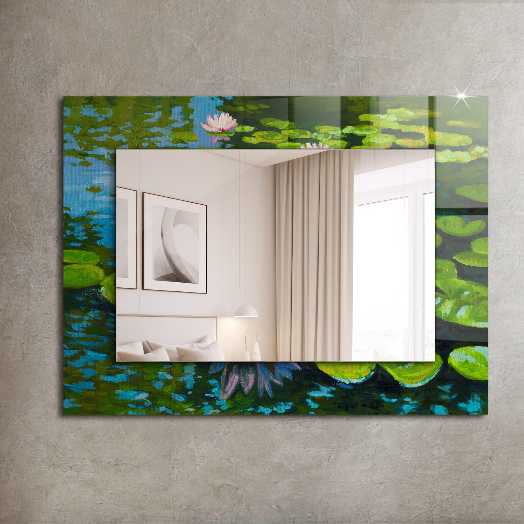 Lustro ścienne prostokątne 80 x 60 cm (31,5 cala x 23,6 cala) | szklana rama z nadrukiem nadaje się do nowoczesnych wnętrz - staw z liliami wodnymi