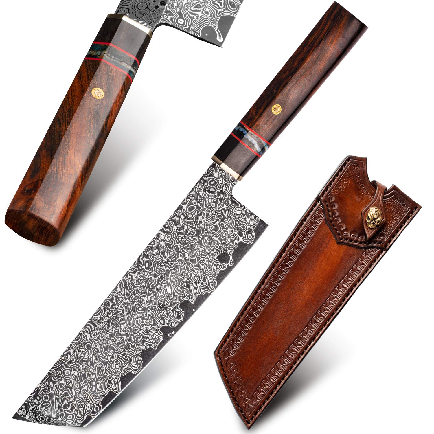 FZIZUO 6.9 inch Hand Forged Damascus Steel Nakiri Kitchen Chopping Chopper Knife,Japanese Style Clea