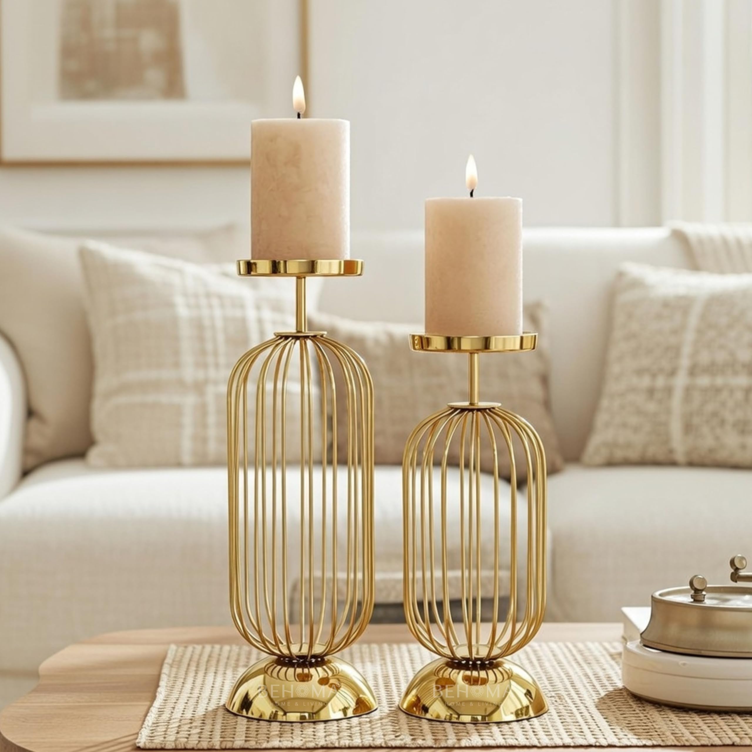 Behoma Metal Candle Holder Stand with Gold Finish | Decorative Pillar Candle Stand for Home, Living Room, Table Centerpiece, Modern Vintage Decor (Small & Large/Candles are not Included)-image-19
