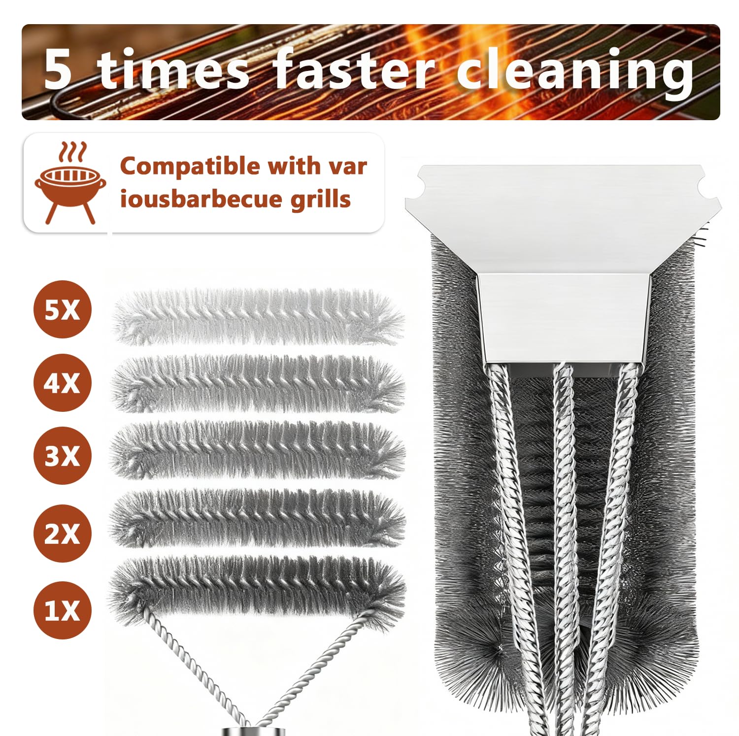 Brosse de Barbecue 3-en-1 – Grattoir Acier INOX Ultra-Tranchant & Brossage 360° pour Un Nettoyage Rapide et Profond de Toutes Les Grilles - 4