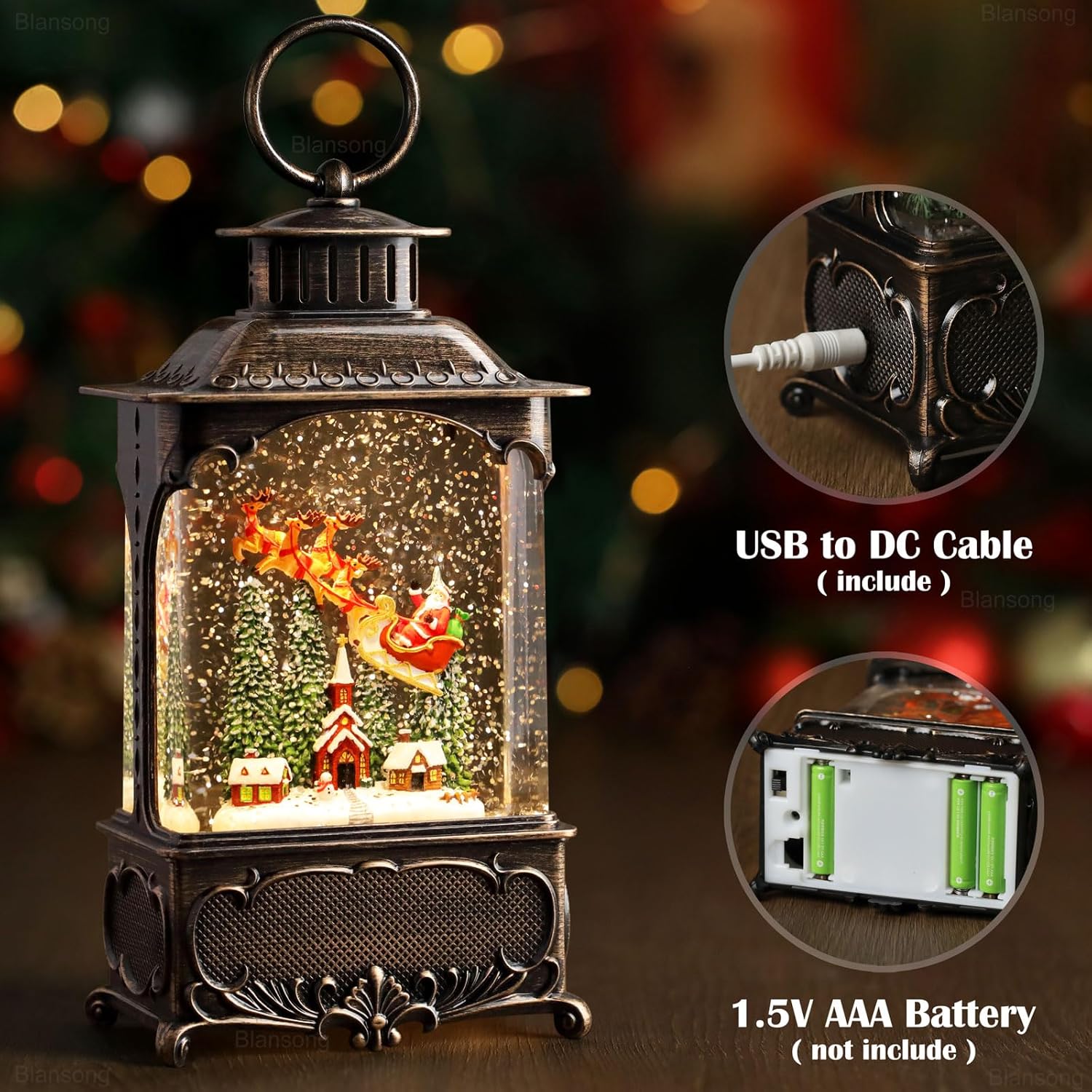 Christmas Snow Globe Lantern Santa Claus Christmas Eve Decorations Gifts Auto Snowfall Glitter Music Collection Church Snowy Village with 6H Timer USB/Battery Powered 10.2 inch - Image 4