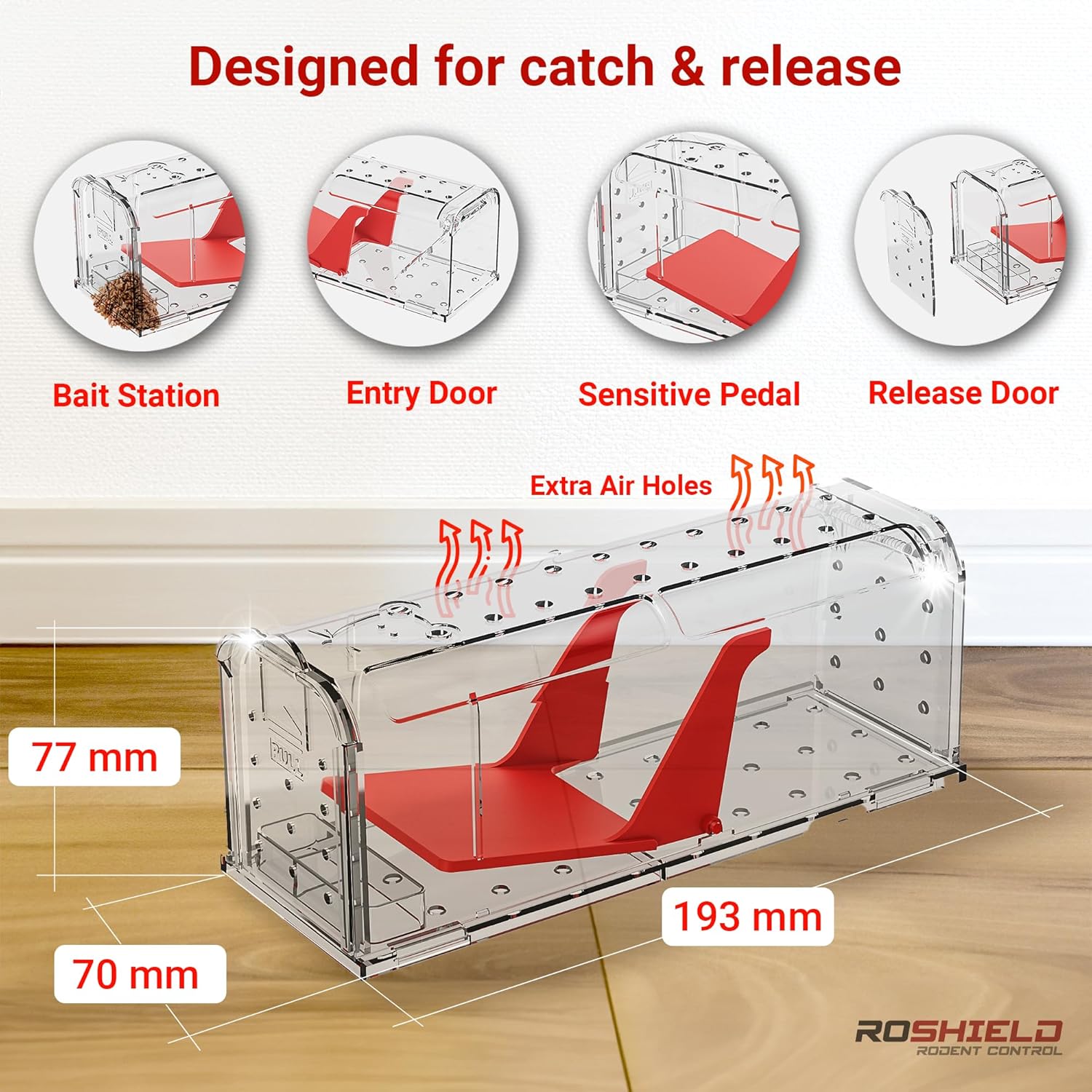 Diagram of Roshield Humane Mouse Trap components including bait station, entry door, sensitive pedal, release door, and extra air holes.