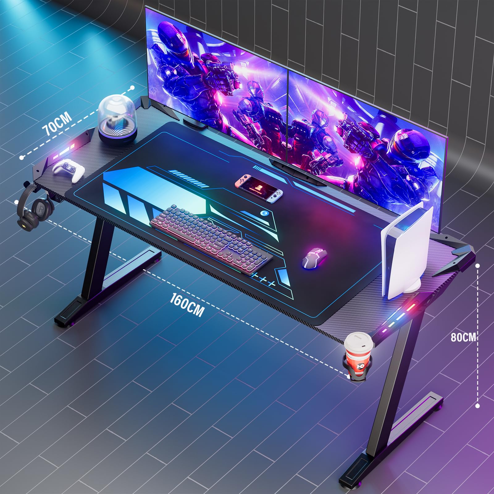 Himimi Scrivania Gaming LED 160 x 70 CM, Tavolo Gaming Ergonomica, Postazione Gaming Dotato con Piano del Tavolo in Fibra di Carbonio, Scrivania per Computer con Porta Bicchiere e Ganci per Cuffie