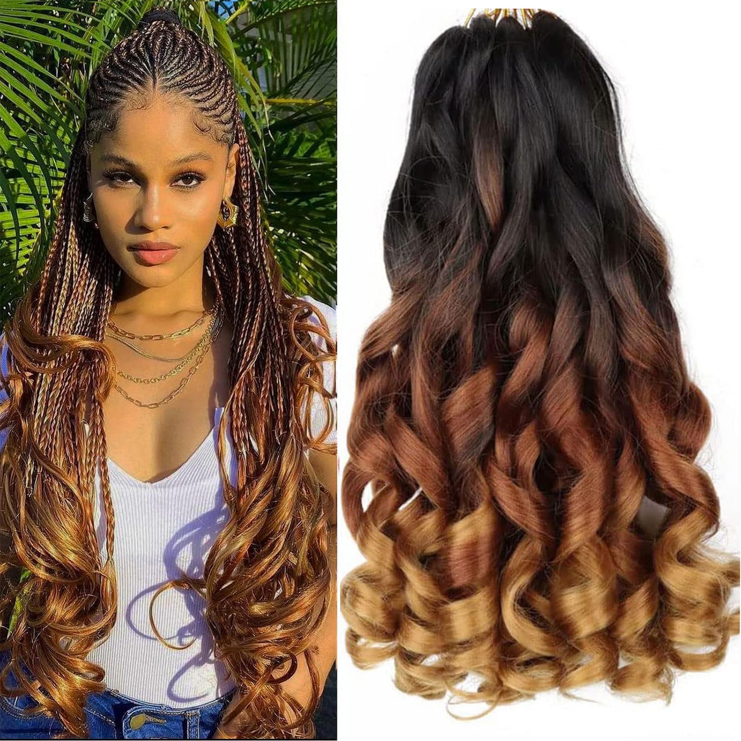 6Packs French Curl Braiding Hair Extension Crochet Braids Hair Extensions for Braiding Crochet Hair for Braiding Pre Stretched Braiding Hair (#1B/30/27