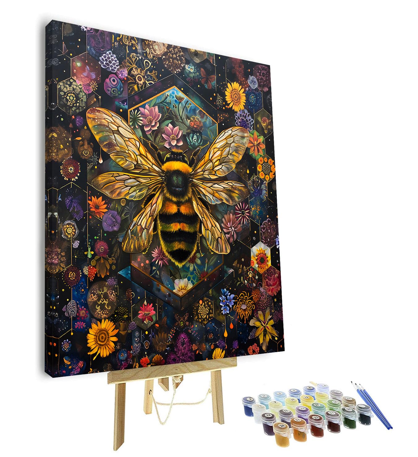 TISHIRON Paint by Numbers Kit for Adults, Adult Paint by Number Kits - Vibrant Bees and Blooming Floral Garden, Honey Bee & Flower Canvas Art for Relaxation and Home Wall Decor(16x20 inch, Framed)