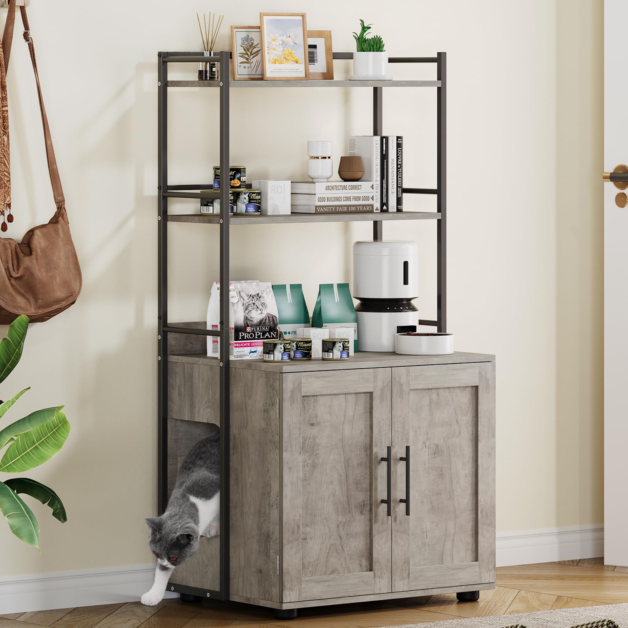 48.5 inch Cat Litter Box Enclosure with 3 Metal Shelves Storage, 2-in-1 Litter Box Furniture, Hidden Cat Litter Box with Ventilation Holes, Easy Clean Pet Cabinet, Washroom Furniture, Grey