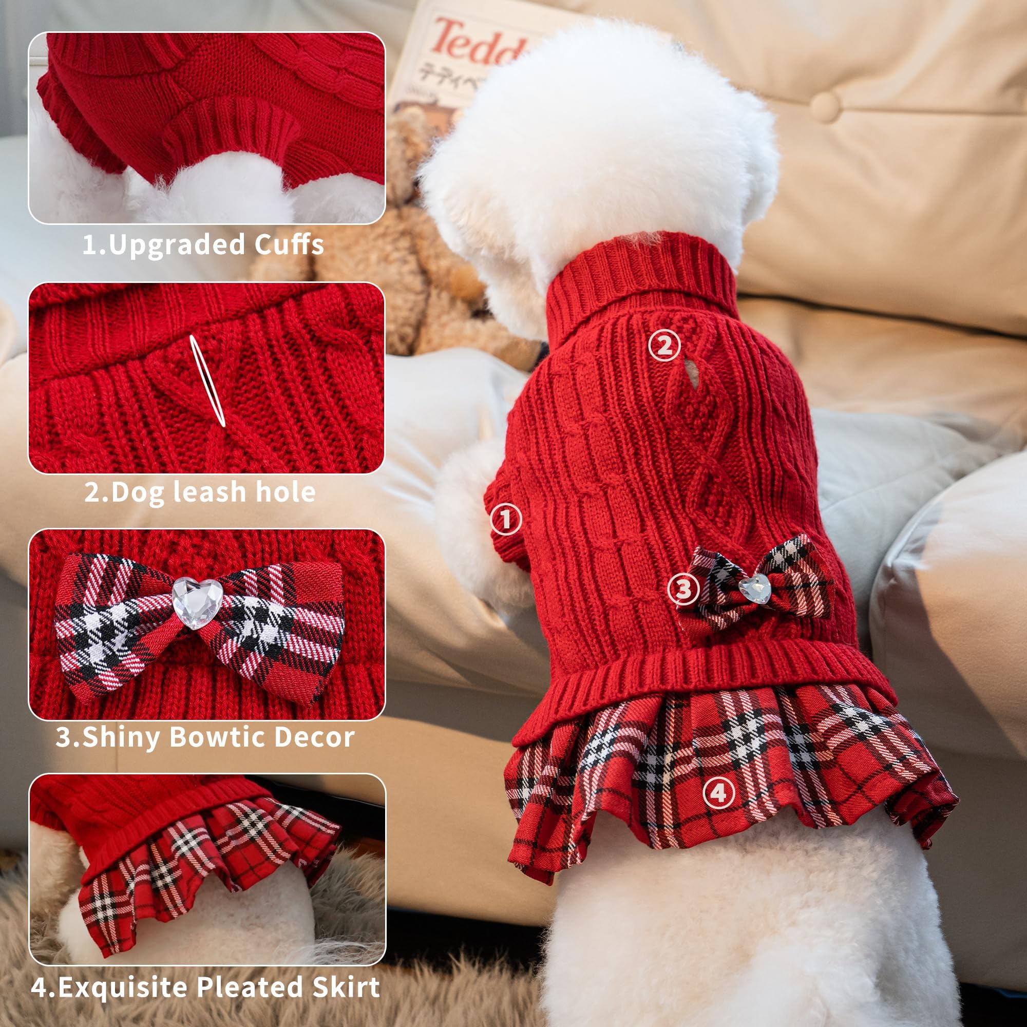 WOYYHO Hundepullover, Kleid mit karierter Fliege, Faltenrock, Hundepullover mit Loch für die Leine, Rollkragen, Hundepullover, Strickwaren, Welpenpullover, Winter, Hundekleidung für kleine mittelgroße
