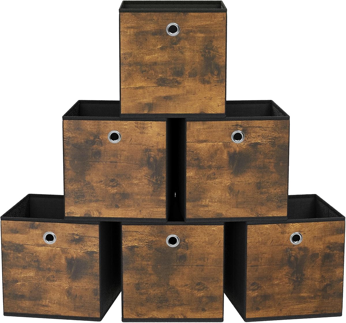 SONGMICS Storage Boxes, Set of 6, Oxford Fabric, Folding Box, 33 x 33 x 33 cm, Fabric Box, for Cube Shelf, Organiser for Clothes, Vintage Brown/Black, RFB133B01